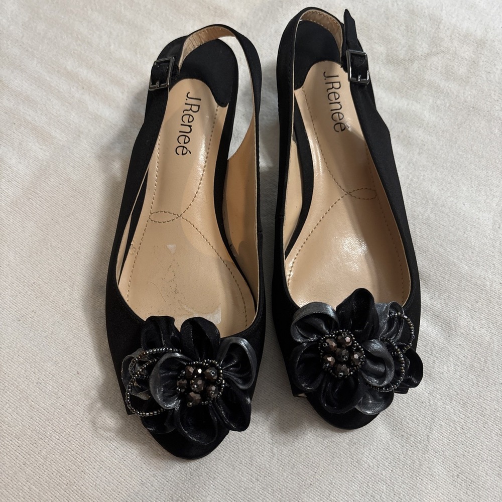 J.Renee Leonelle Kitten Heel Slingback Sandal Black Satin Women's‎ Size 10WW